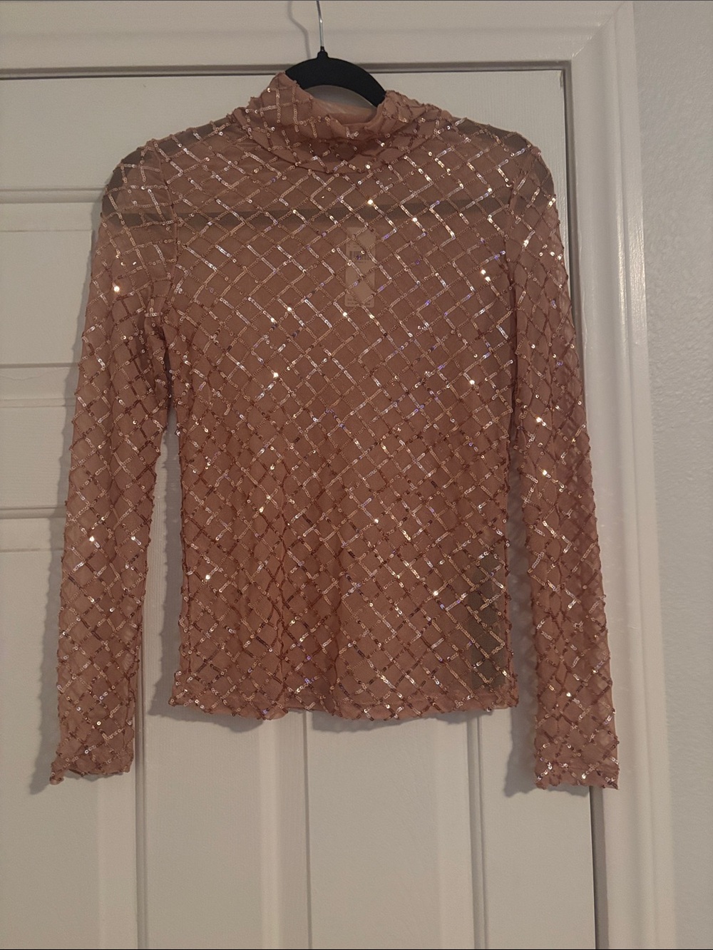 BNWT Anthropologie Blush Sequin Gold Mesh Long-Sleeve Top